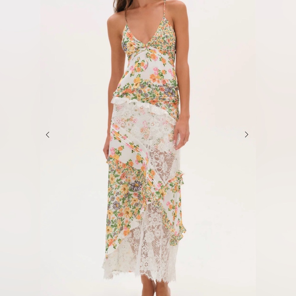 For Love & Lemons Rosalyn White Floral Lace-Trim Maxi Dress